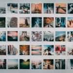assorted photos on white wooden shelf