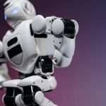 white toy robot of pink and purple background